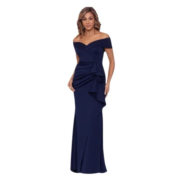 navy blue ruffle prom dress Zapaka Women Dark Navy Prom Dress A Line Strapless Tiered Satin Long  Evening Party Dress – ZAPAKA